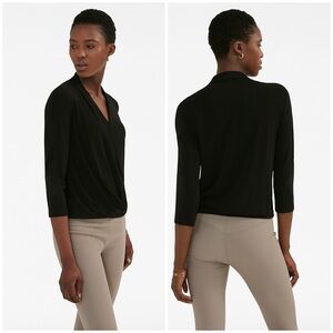 MM LaFleur Deneuve Faux Wrap Blouse Black 3/4 Sleeves Work Career Minimalist M